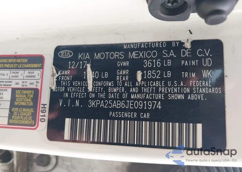 2018 Kia Rio Lx z USA, uszkodzony, nr VIN 3KPA25AB6JE091974